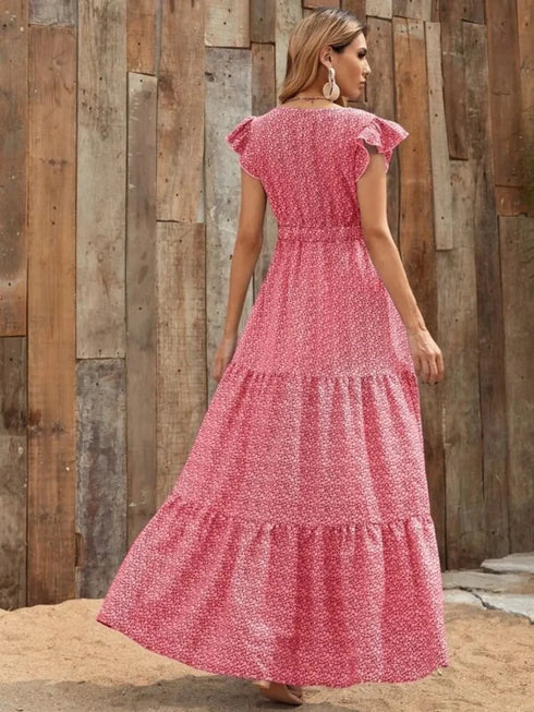 printed-v-neck-ruffled-cap-sleeve-maxi-dress OhSoStyled - Sophia's Style in Gray-7